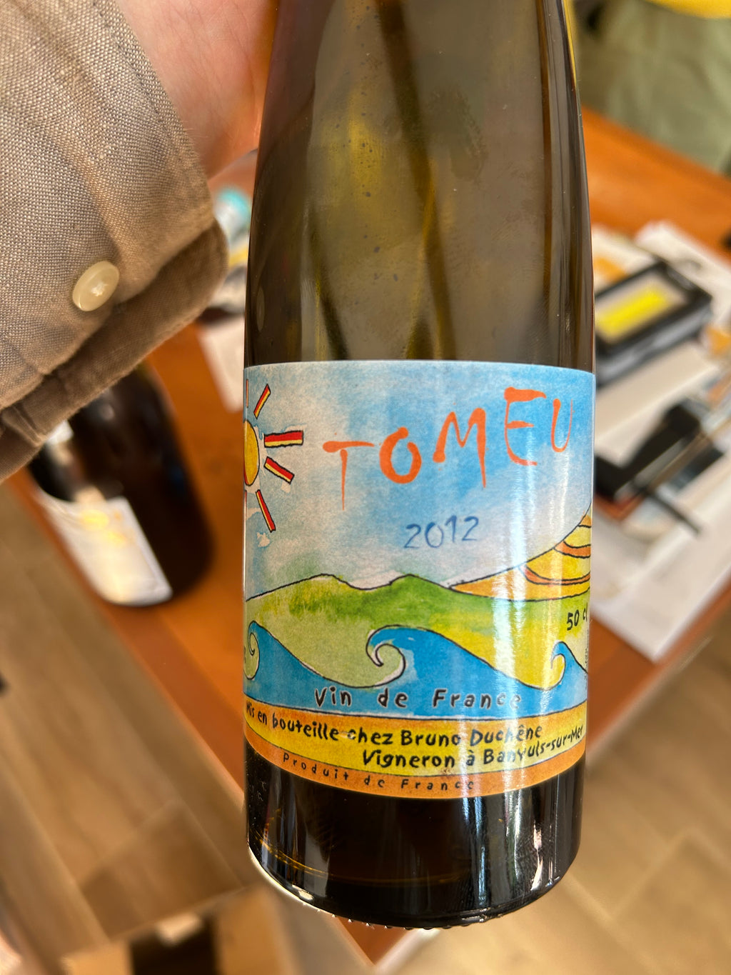 Tomeu 2012 natural wine bottle from Banyuls-sur-Mer — handpainted label