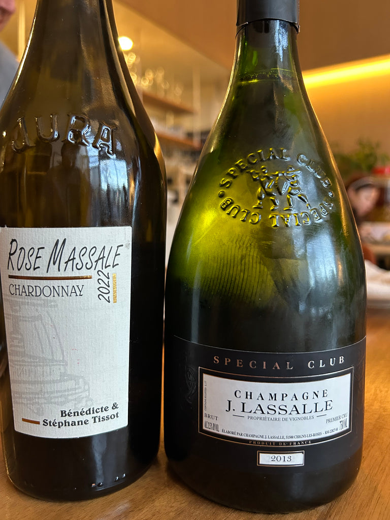Rose Massale Chardonnay by Tissot and Champagne J. Lassalle Special Club — natural wine bottles